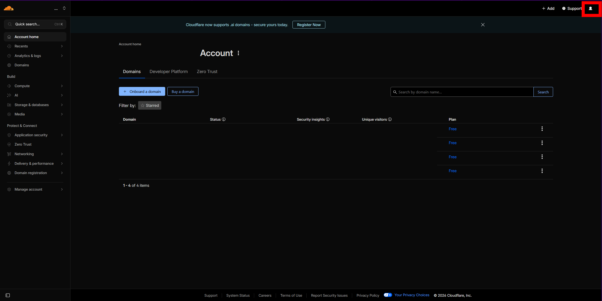 Cloudflare dashboard — click profile icon top-right