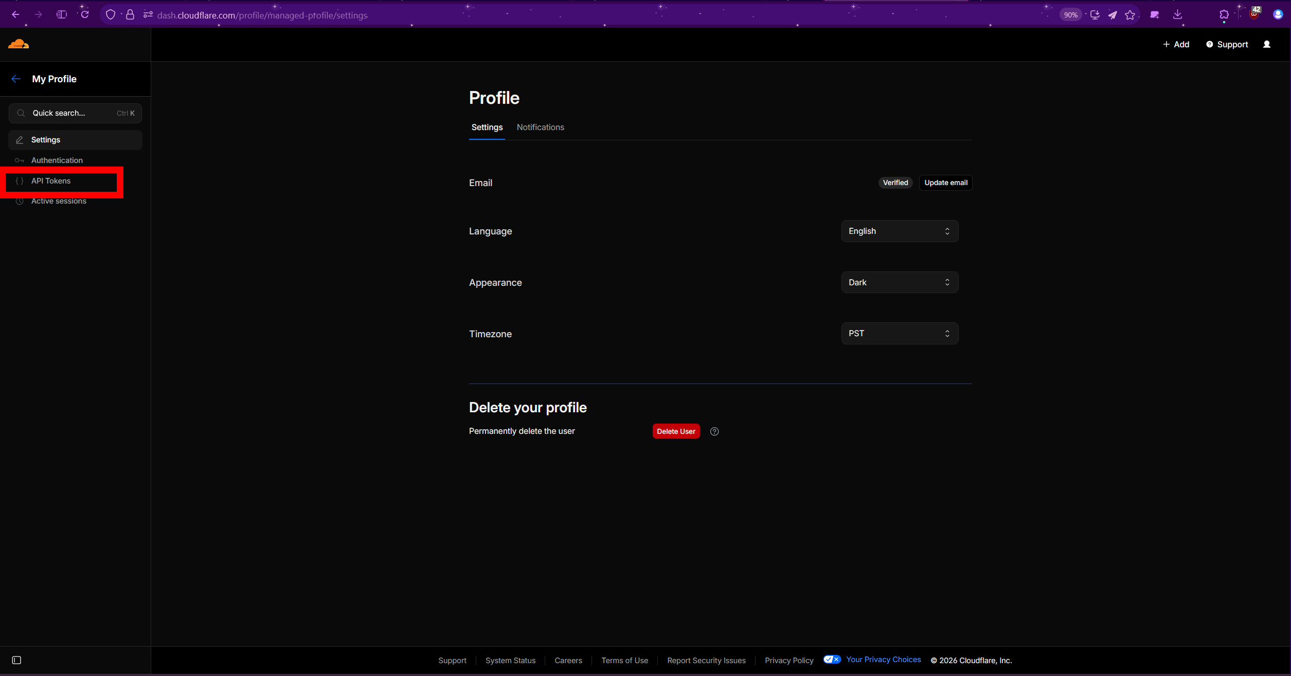 My Profile page — click API Tokens in sidebar