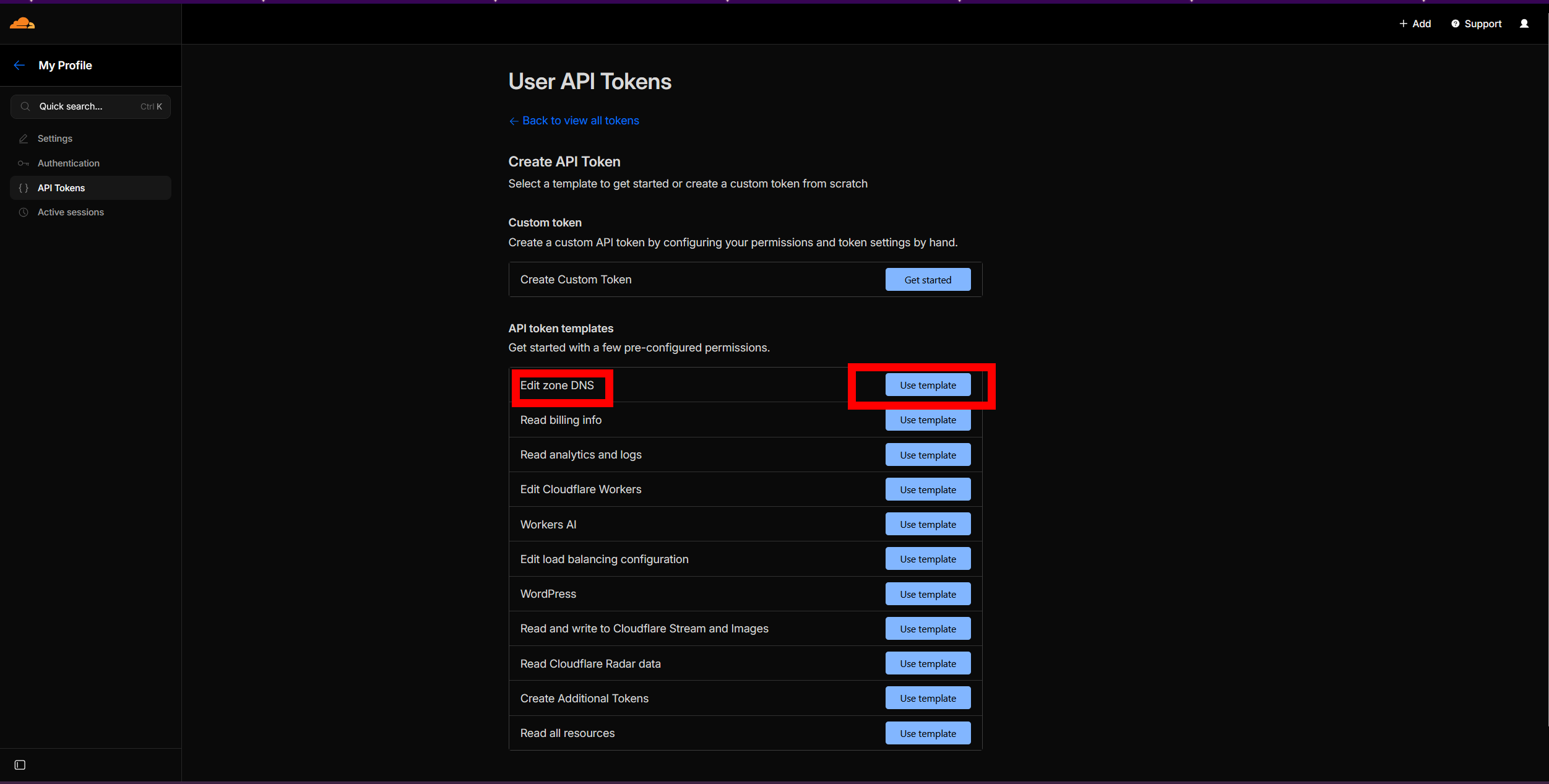 API token templates — click Use template next to Edit zone DNS