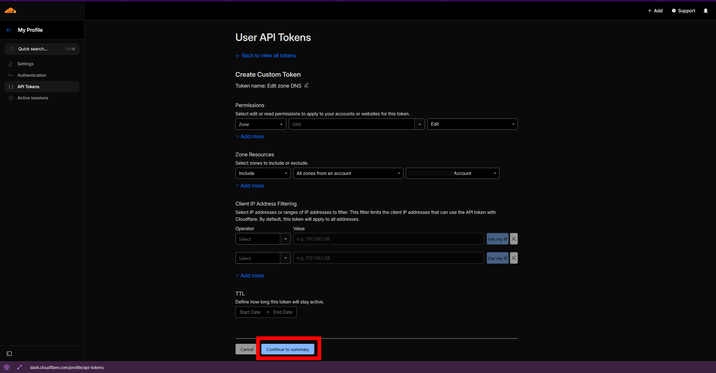Create Custom Token form — click Continue to summary