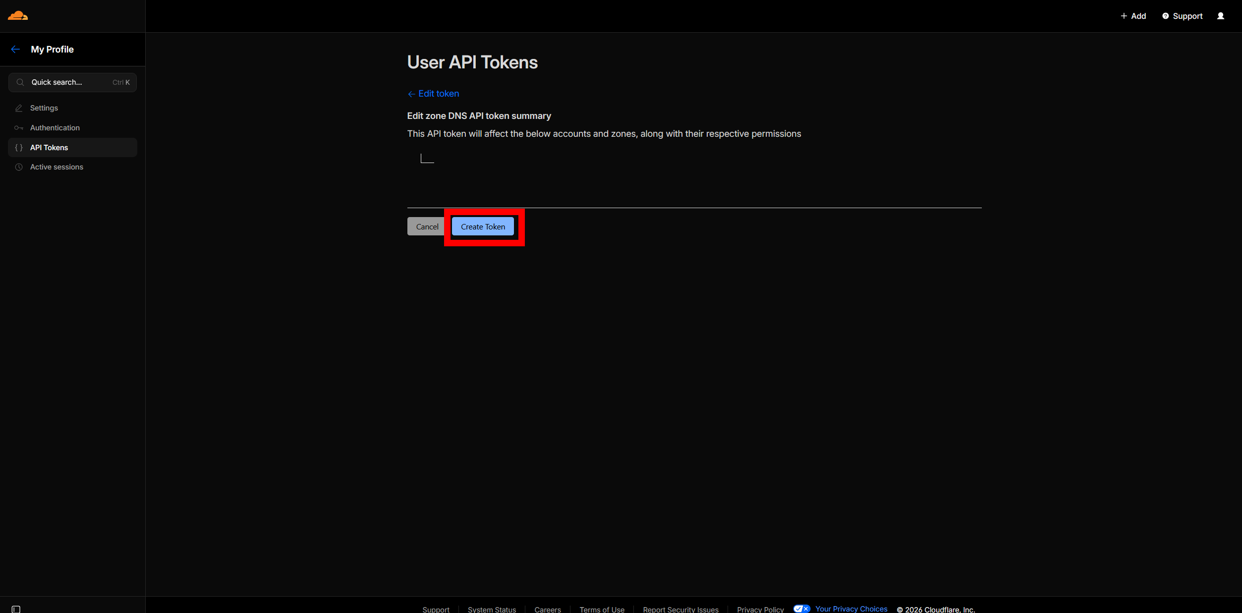 Token summary page — click Create Token